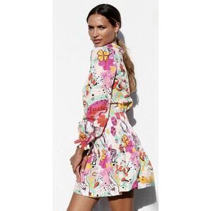 Never Fully Dressed Lucky Print Mini Dress Smocked Waist Ruffle Hem Size US 8